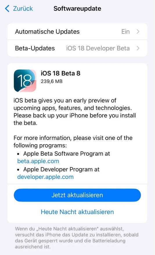 锡山苹果手机维修分享苹果 iOS / iPadOS 18 开发者预览版 Beta 8 发布 